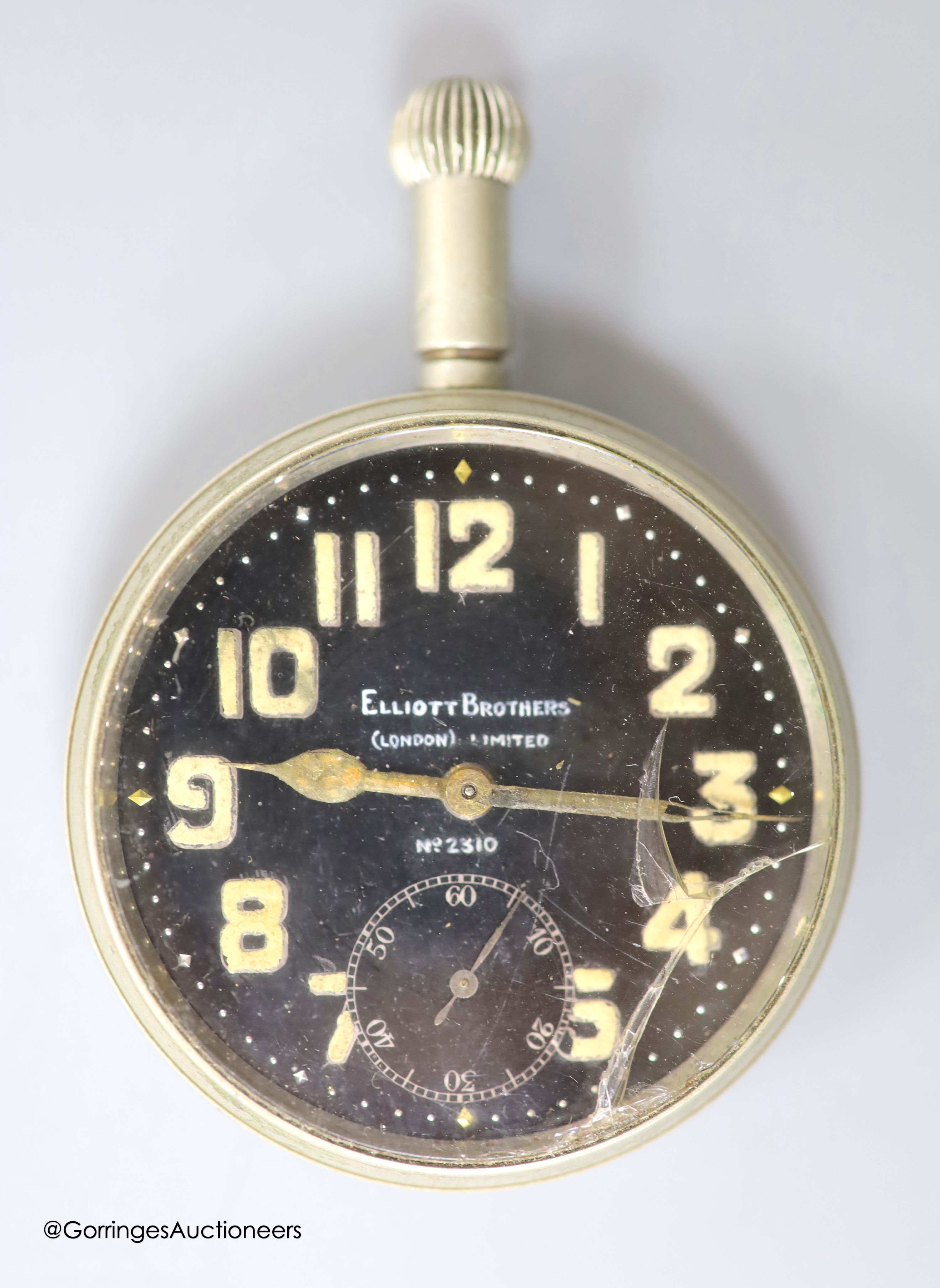 An early 20th century nickel cased black dial cockpit watch, retailed by Elliott Brothers, London, no.2310, with luminescent Arabic numerals (glass cracked)